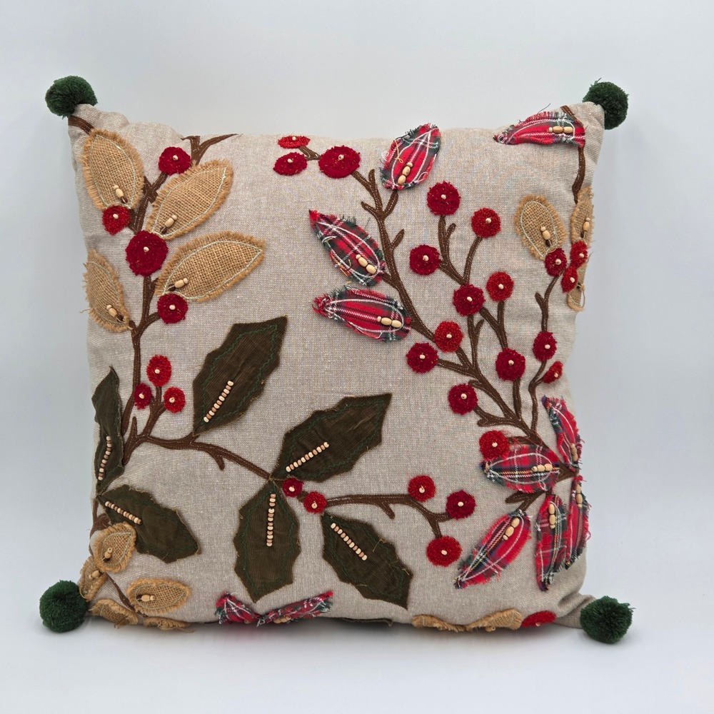 Holiday Holly‎ Berry Embroidered Throw Pillow Leaf Branch Plaid Pom Poms 18"x18"